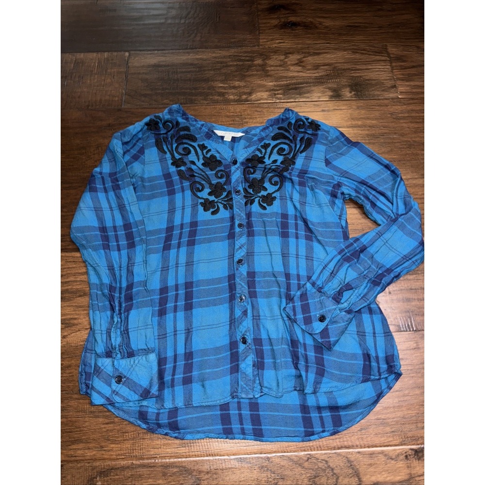 Orvis Womens Blue Plaid Embroidered Button Down Shirt Viscose Size M Cottagecore